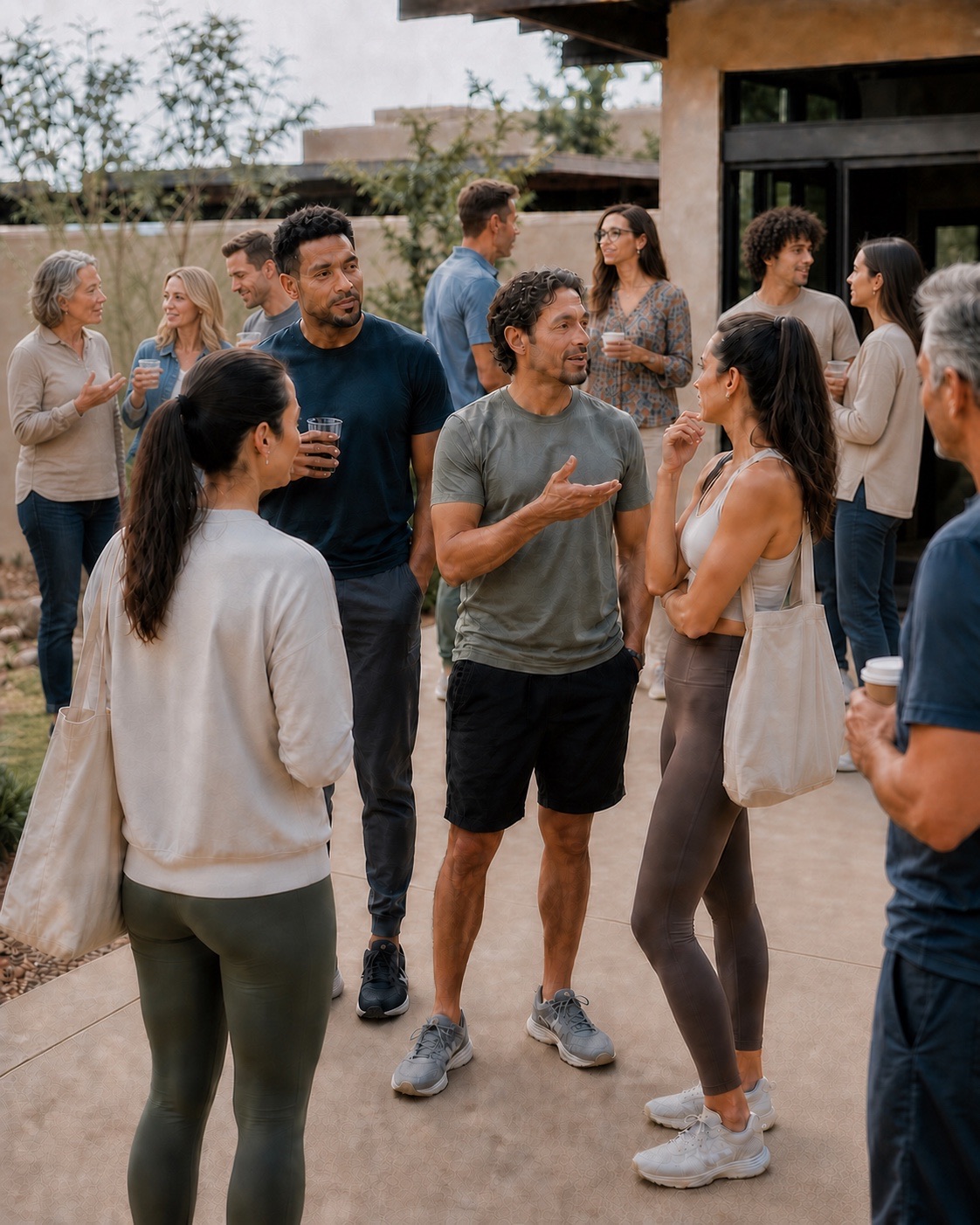 A multigenerational group in several conversations at an outdoor community gathering